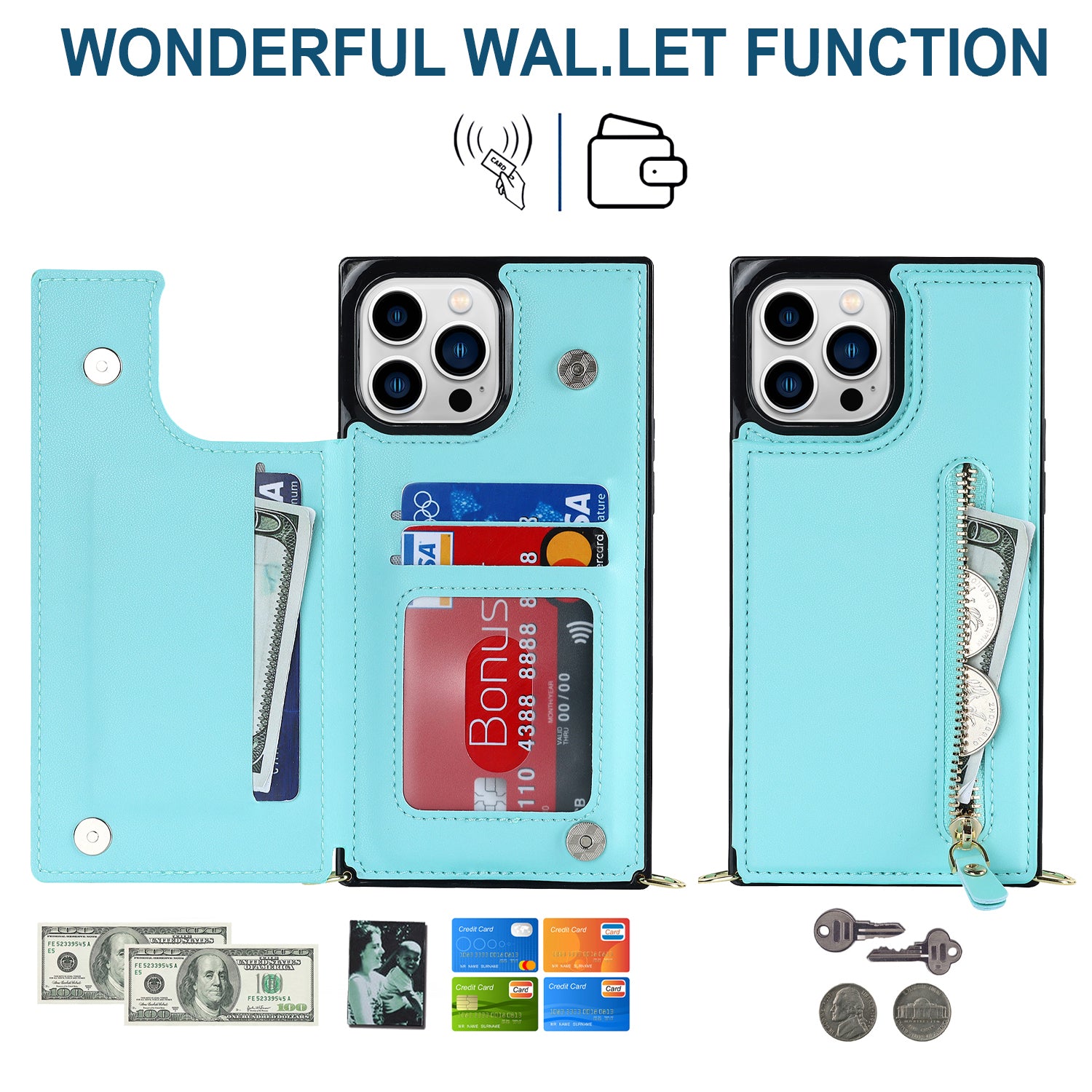 TPU+PU Phone Case for iPhone 15 Pro Anti-Scratch Kickstand Wallet Phone Cover with Shoulder Strap - Green TPU+PU Phone Case for iPhone 15 Pro Anti-Scratch Kickstand Wallet Phone Cover with Shoulder Strap - Green